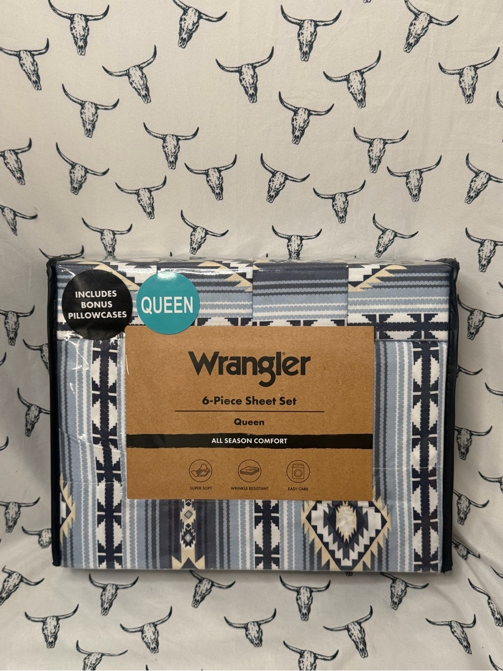 Wrangler Blue and Cream Geometric Queen Sheet Set